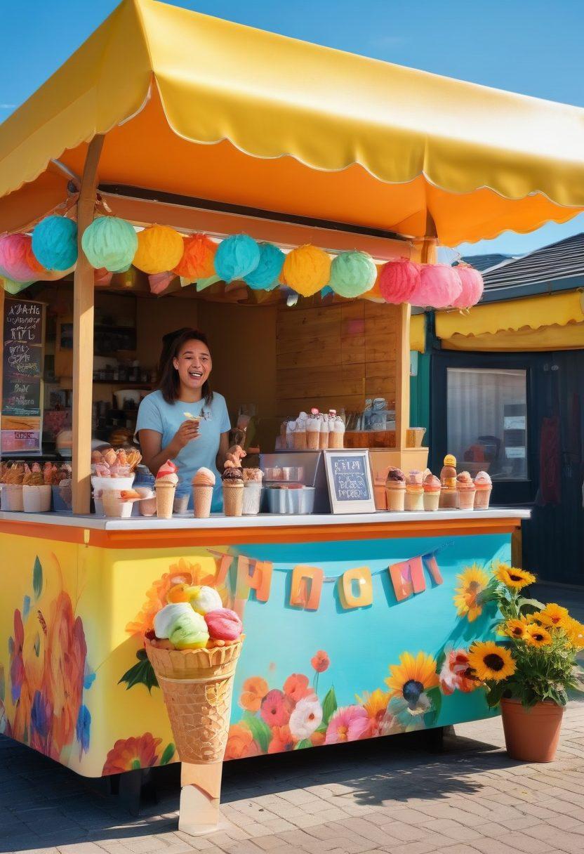 A colorful ice cream stand adorned with an array of vibrant frozen treats such as ice cream cones, popsicles, and sundaes, under a bright, sunny sky. Happy, diverse people of all ages are enjoying their treats, expressing joy and laughter. Surrounding the stand are playful decorations with smiley faces and sunflowers, evoking feelings of happiness. The scene exudes a warm, inviting atmosphere with a sense of community. vibrant colors. super-realistic.