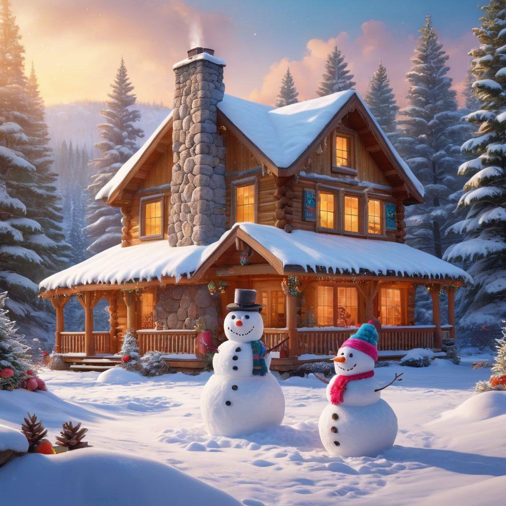 A joyful winter scene showcasing a family building a snowman decorated with colorful frosted treats and sweets. Surrounding them, snowflakes sparkle in the sunlight, creating a magical atmosphere. In the background, pine trees dusted with snow and a cozy cabin with smoke rising from the chimney. Capture the warmth and joy of winter festivities. super-realistic. vibrant colors. snowy landscape.