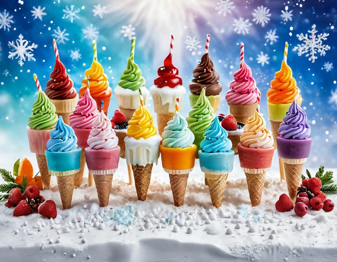 A whimsical winter scene featuring an array of colorful frozen treats, like popsicles and ice cream cones, creatively arranged on a snow-covered table. Snowflakes gently fall in the background, and happy children playfully catch them, their laughter invigorating the atmosphere. Exquisite details in the frosty textures and vivid colors of the desserts bring a sense of joy and delight. super-realistic. vibrant colors. winter wonderland theme.